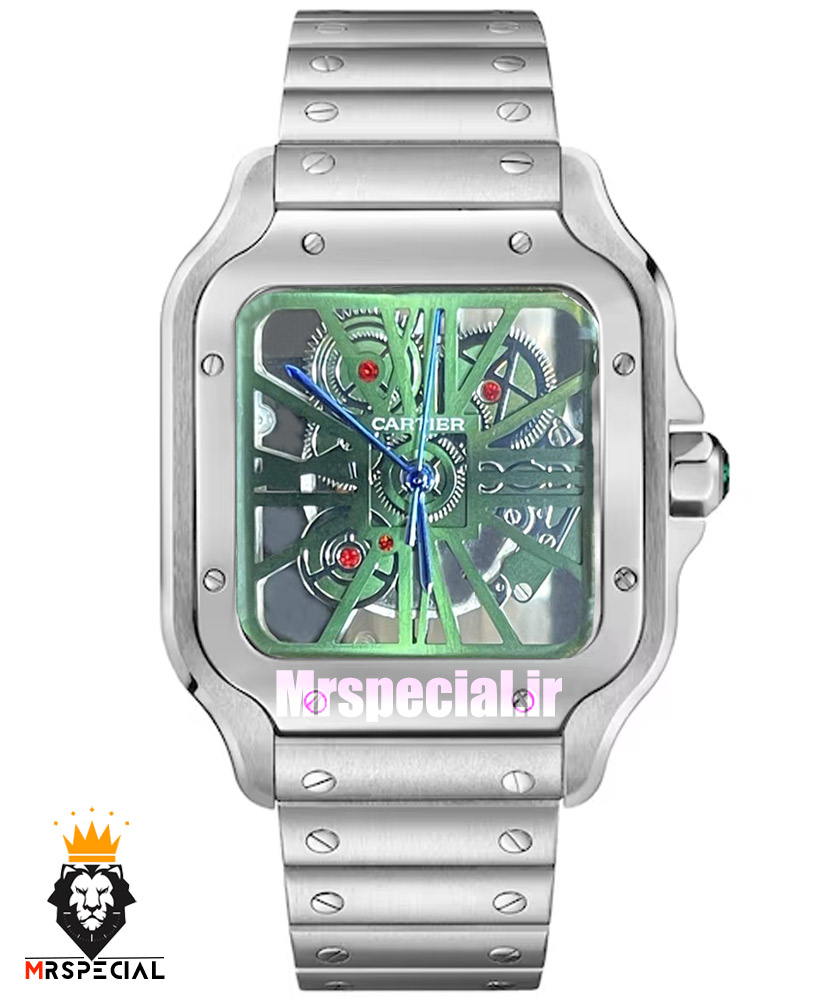 ساعت کارتیه مردانه مدل سانتوس اسکلتون کوارتز استیل صفحه سبز 021370 Cartier Santos Skeleton