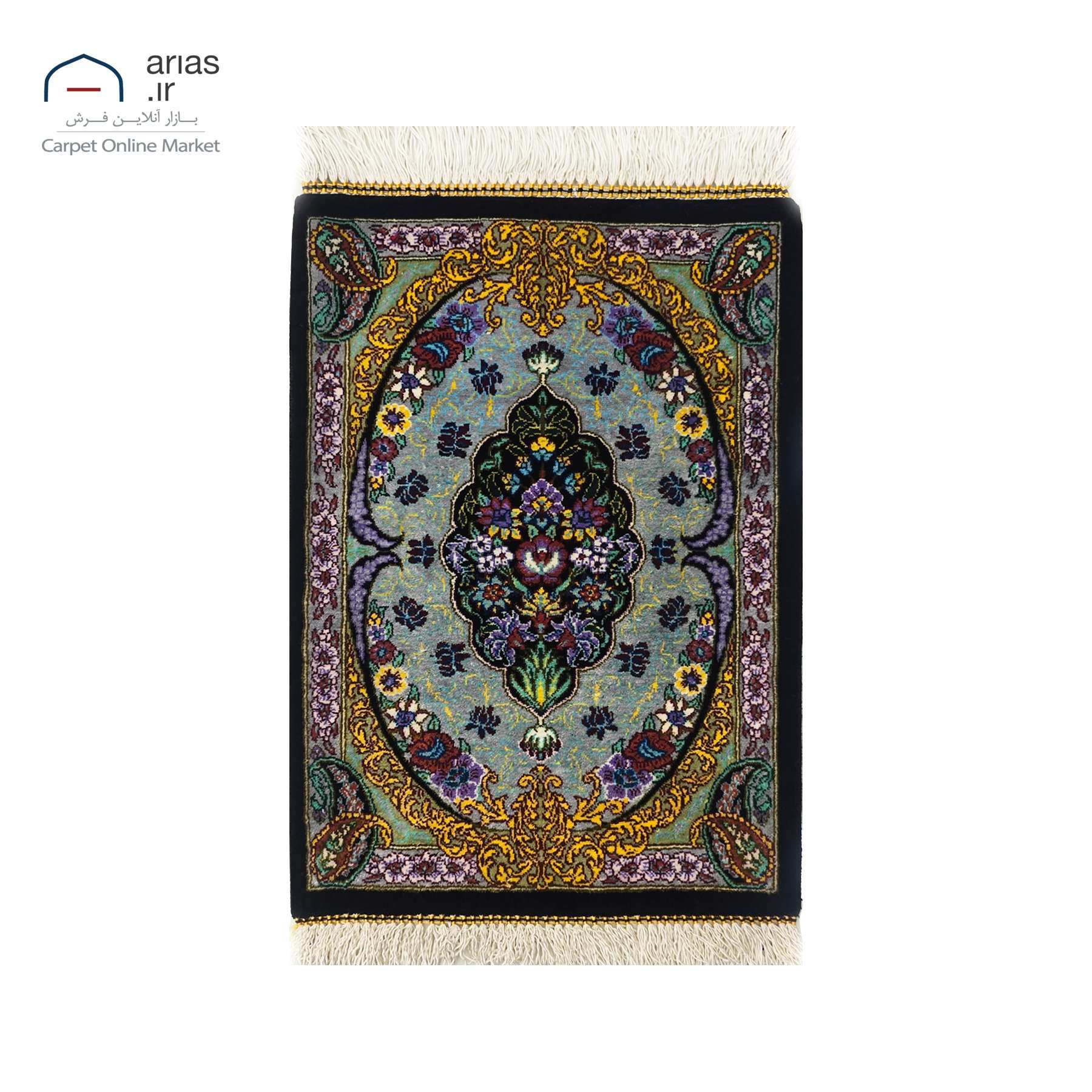 فرش جفت زیرتلفنی تمام ابریشم زمینه آبی بافت قم کد D03264G — تصویر ۲