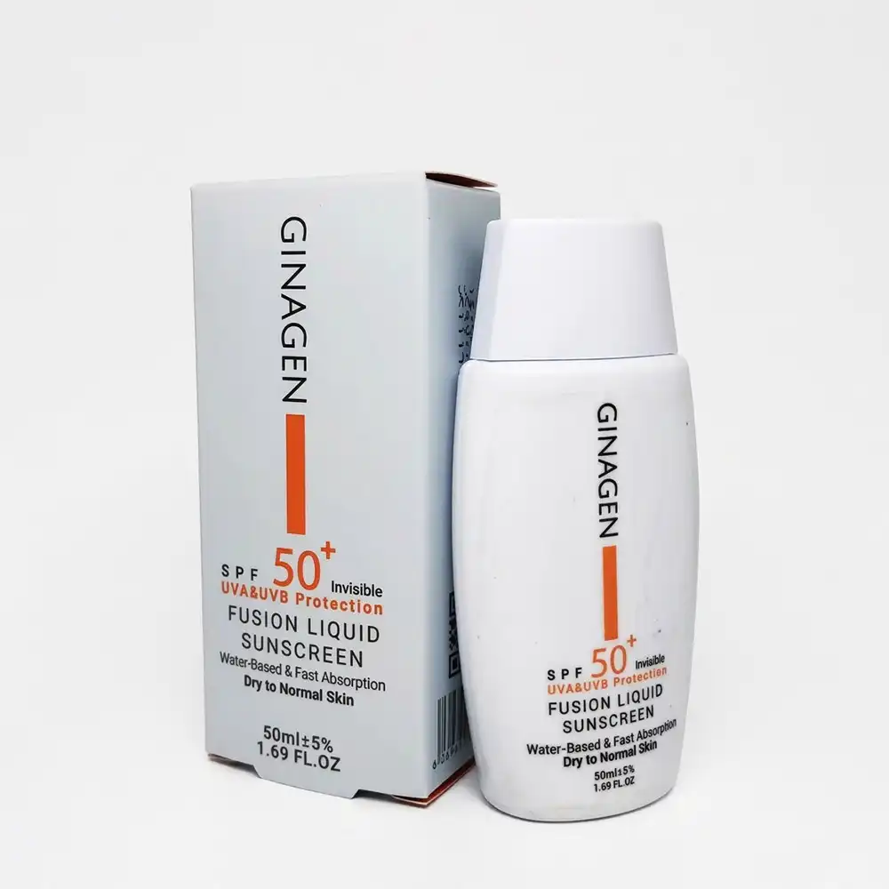 ضدآفتاب SPF50 لیکویید فیوژن ژیناژن (GINAGEN) بی رنگ مخصوص پوست خشک و نرمال حجم 50 میلی لیتری