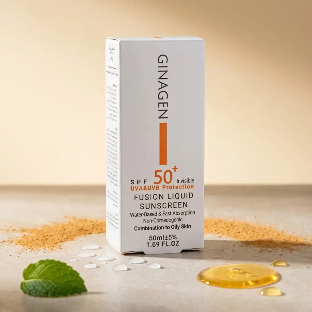 ضدآفتاب SPF50 لیکویید فیوژن ژیناژن (GINAGEN) بی رنگ مخصوص پوست چرب و مختلط حجم 50 میلی لیتری — تصویر ۳