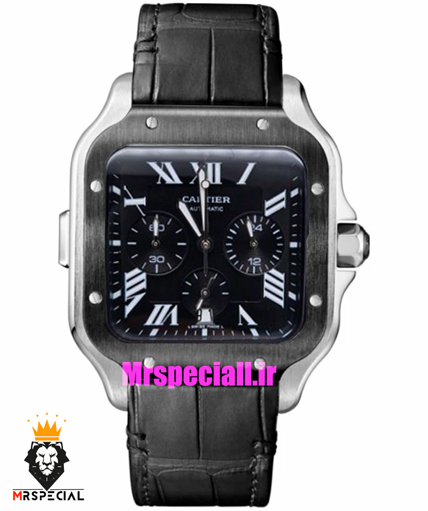 ساعت کارتیه مردانه مدل دسانتوس کرنوگراف بند چرم قاب استیل صفحه مشکی 021074 Cartier Santos de