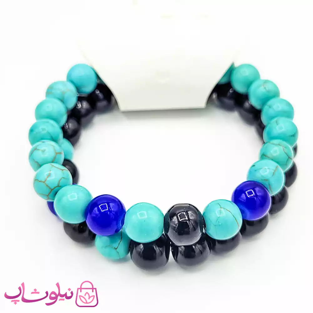 دستبند مهره ای دستساز مشکی آبی